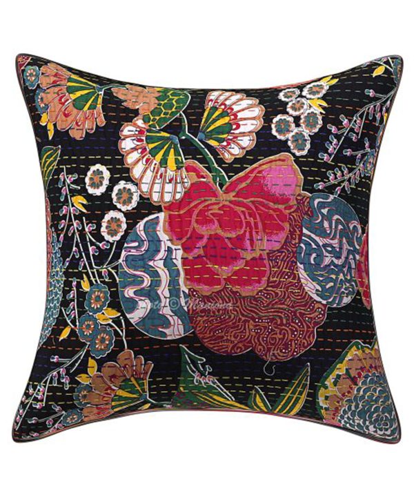 Black Floral and Fruit Kantha Cushion Cover -16 Inch