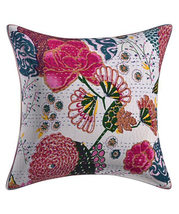 Set of 5 - White Floral and Fruit Kantha Cushion Cover  - 16X16 Inch
