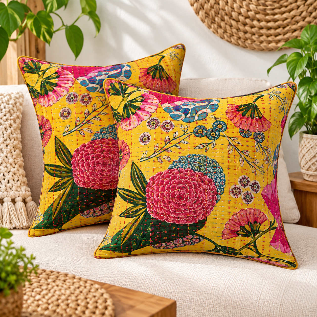 Mustard Yellow Floral and Fruit Kantha Cushion Cover - 16 Inch - Image 3