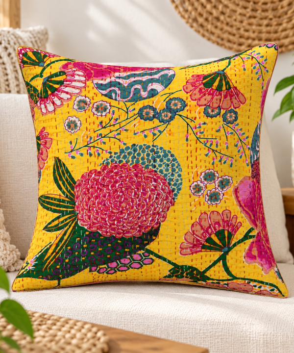 Mustard Yellow Floral and Fruit Kantha Cushion Cover - 16 Inch