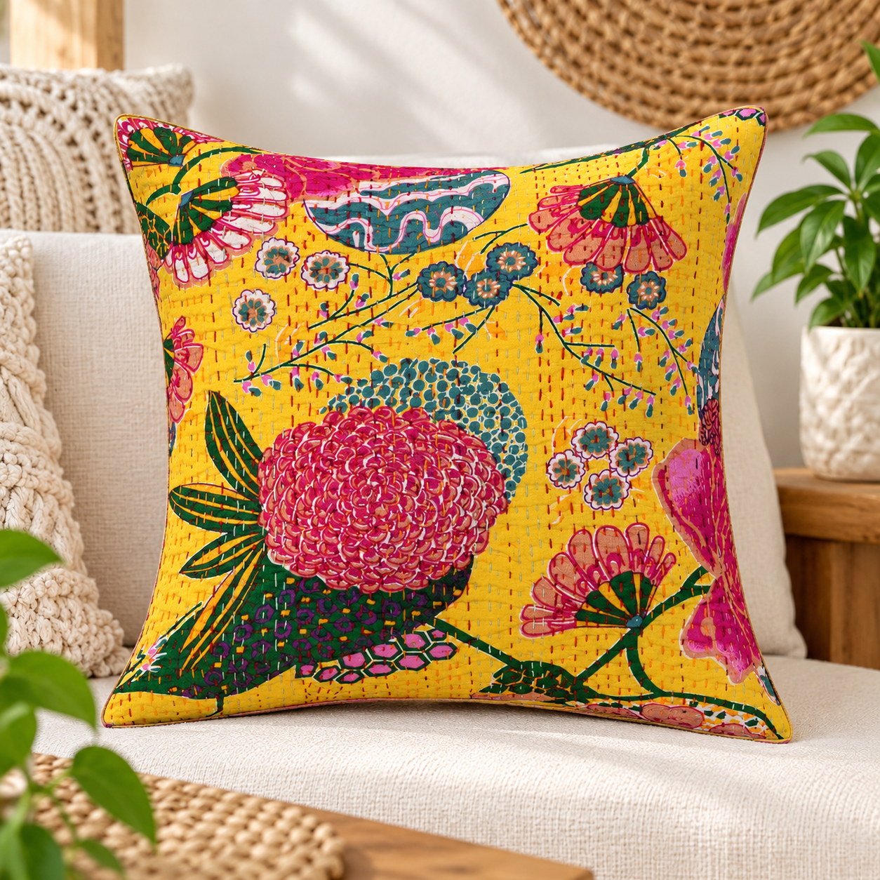 Mustard Yellow Floral and Fruit Kantha Cushion Cover - 16 Inch