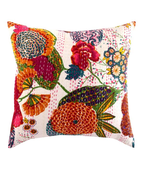 White Floral and Fruit Kantha Cushion Cover  - 16X16 Inch