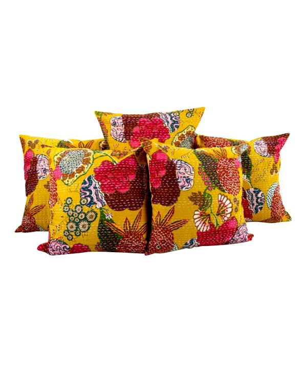Set of 5 - Yellow Floral and Fruit Kantha Cushion Cover  - 16 Inch