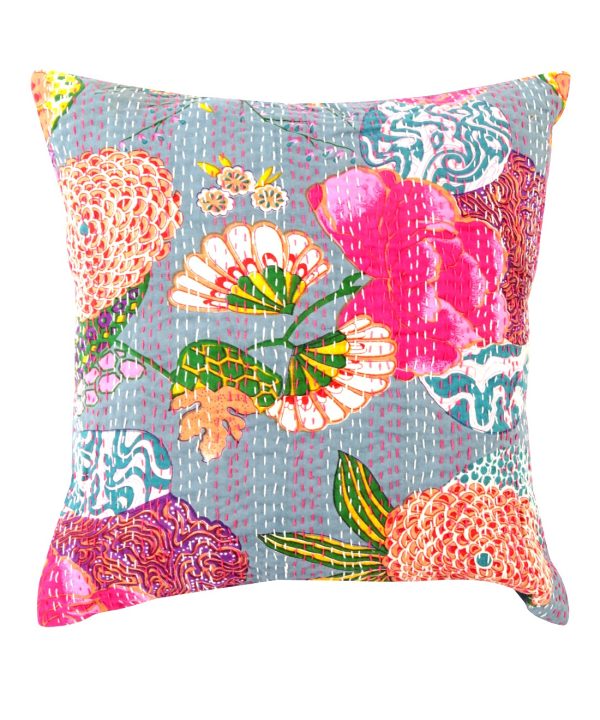 Grey Floral and Fruit Kantha Cushion Cover  - 16 Inch