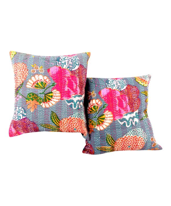 Set of 2 - Grey Floral and Fruit Kantha Cushion Cover  - 16 Inch