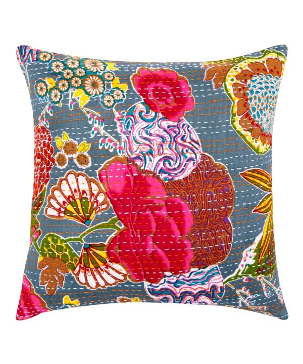 Dark Grey Floral and Fruit Kantha Cushion Cover  - 16 Inch