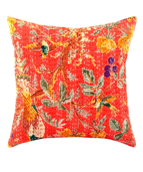 Orange Bird and Floral Kantha Cushion Cover -16 Inch