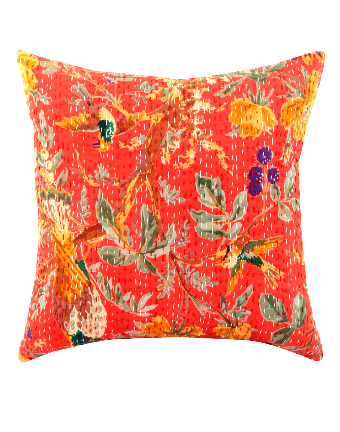 Orange Bird and Floral Kantha Cushion Cover -16 Inch - Vintage Kantha ...