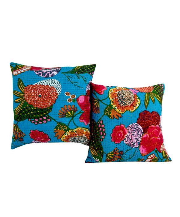 Set of 2 - Turquoise Floral and Fruit Kantha Cushion Cover -16 Inch