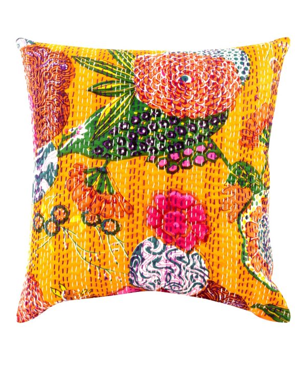 Mustard Yellow Floral and Fruit Kantha Cushion Cover -16 Inch