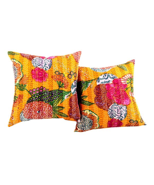 Set of 2 - Mustard Yellow Floral and Fruit Kantha Cushion Cover -16 Inch