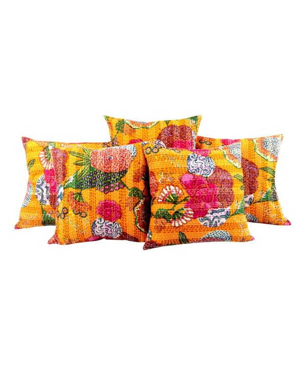 Set of 5 - Mustard Yellow Floral and Fruit Kantha Cushion Cover -16 Inch