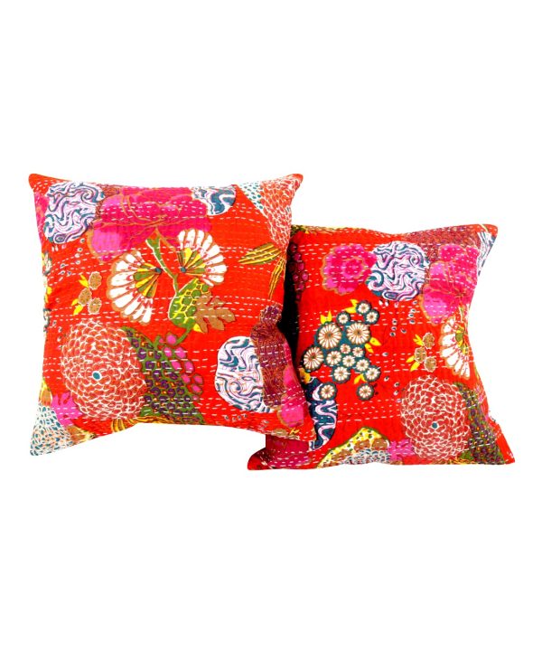 Set of 2 - Orange Floral and Fruit Kantha Cushion Cover -16 Inch