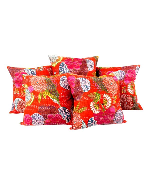 Set of 5 - Orange Floral and Fruit Kantha Cushion Cover -16 Inch