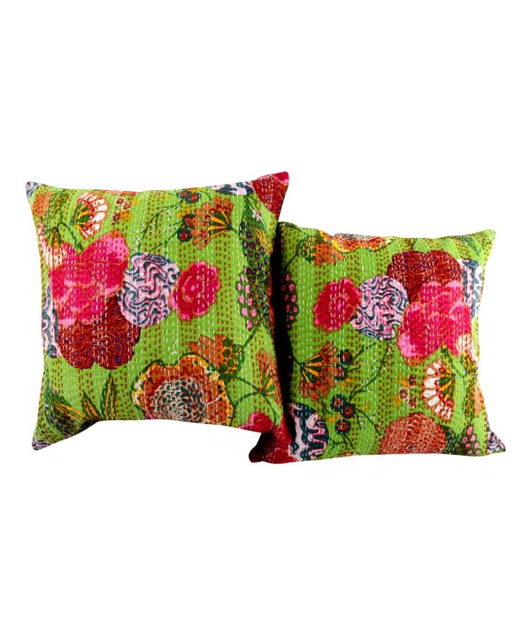 Set of 2 - Light Green Floral and Fruit Kantha Cushion Cover -16 Inch