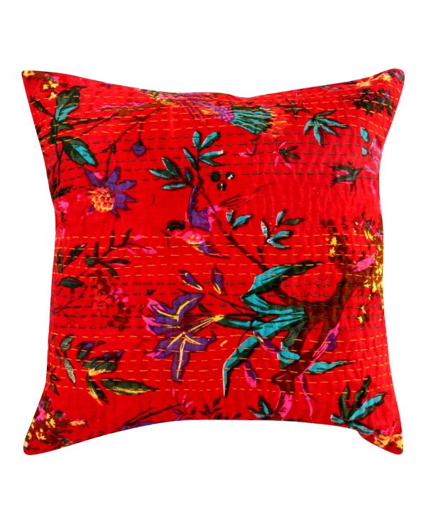 Dark Orange Bird and Floral Kantha Cushion Cover -16 Inch