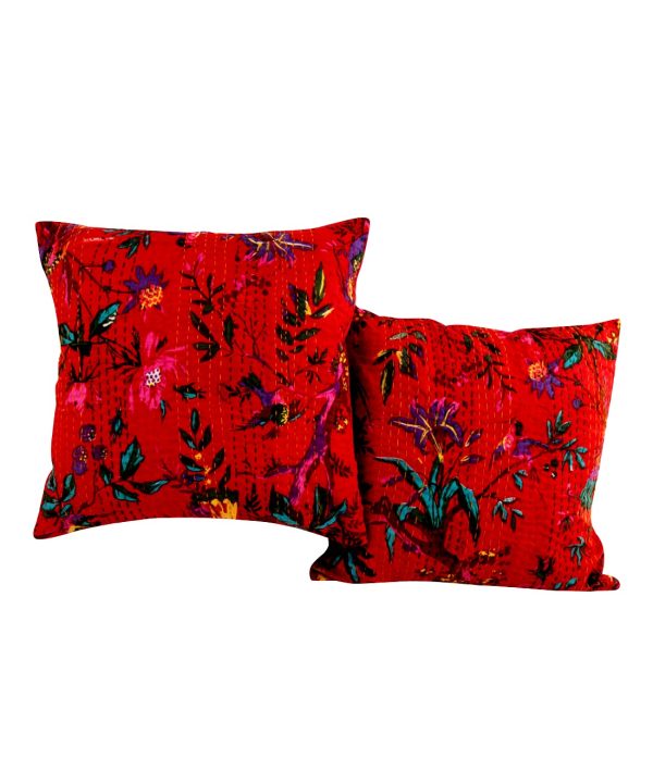 Set of 2 - Dark Orange Bird and Floral Kantha Cushion Cover -16 Inch