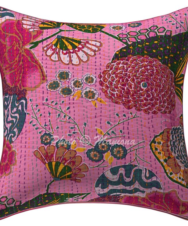 Pink Floral and Fruit Kantha Cushion Cover -16 Inch