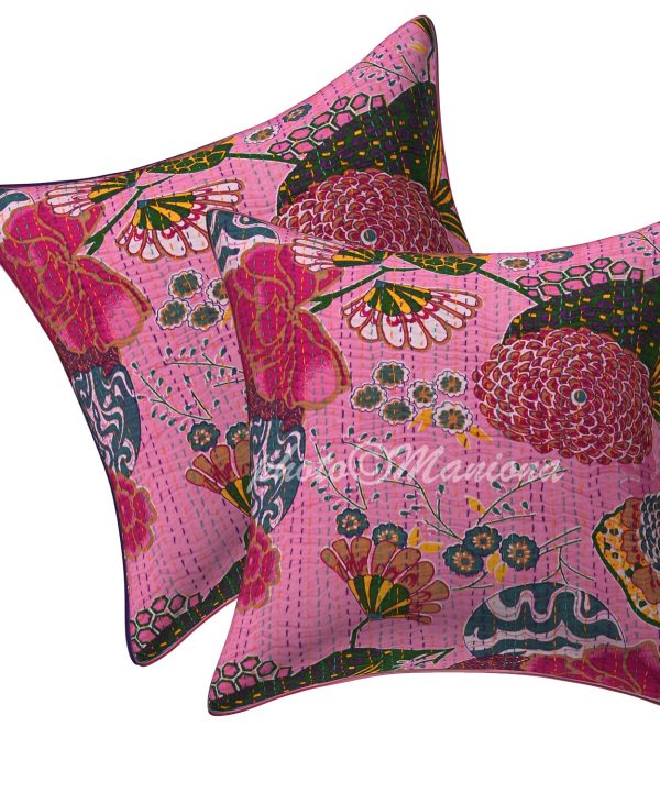 Set of 2 - Pink Floral and Fruit Kantha Cushion Cover -16 Inch