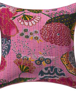 Alternative view of Set of 2 - Pink Floral and Fruit Kantha Cushion Cover -16 Inch