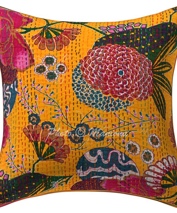 Yellow Floral and Fruit Kantha Cushion Cover -16 Inch