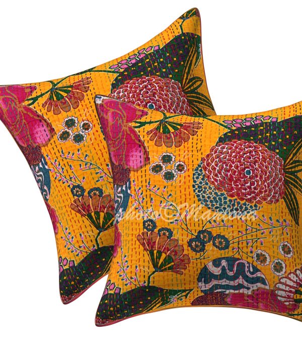 Set of 2 - Yellow Floral and Fruit Kantha Cushion Cover -16 Inch