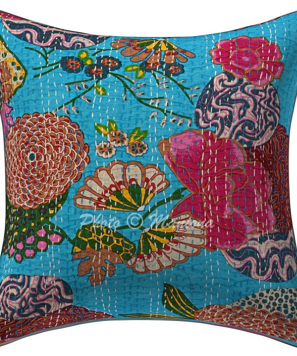Turquoise Floral and Fruit Kantha Cushion Cover -16 Inch