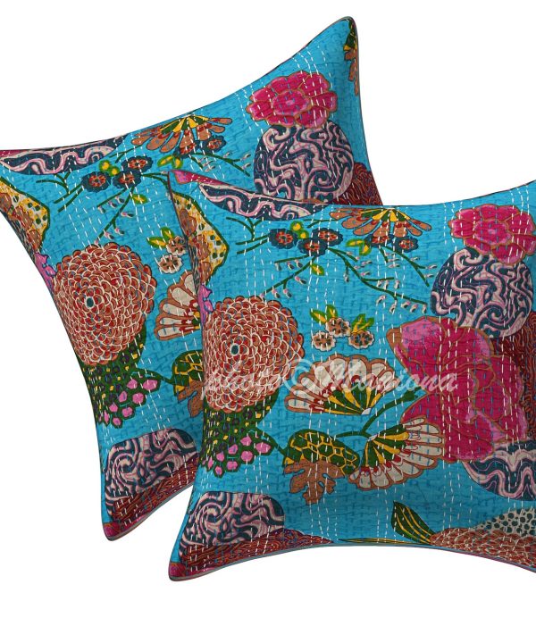 Set of 2 - Turquoise Floral and Fruit Kantha Cushion Cover -16 Inch