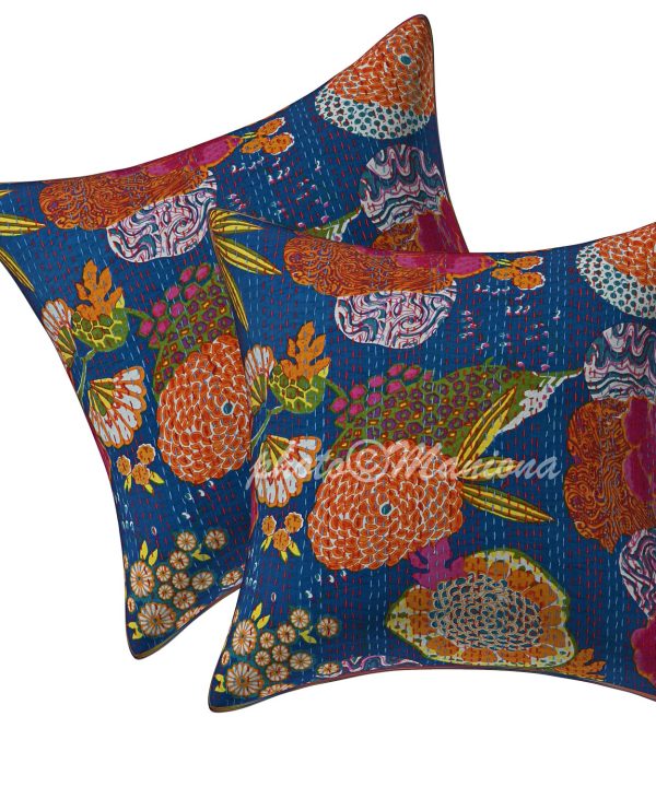 Set of 2 - Blue Floral and Fruit Kantha Cushion Cover -16 Inch