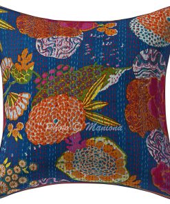 Alternative view of Set of 2 - Blue Floral and Fruit Kantha Cushion Cover -16 Inch