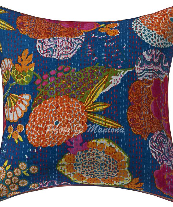 Alternative view of Set of 2 - Blue Floral and Fruit Kantha Cushion Cover -16 Inch