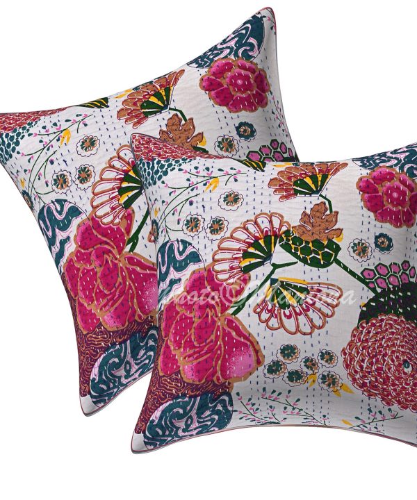 Set of 2 - White Floral and Fruit Kantha Cushion Cover -16 Inch