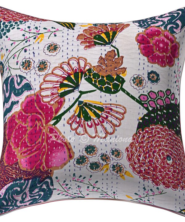 Alternative view of Set of 2 - White Floral and Fruit Kantha Cushion Cover -16 Inch