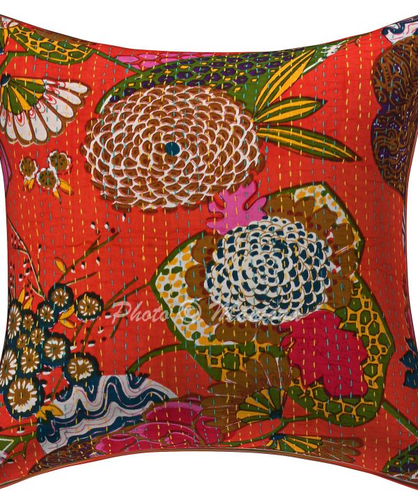 Orange Floral and Fruit Kantha Cushion Cover -16 Inch