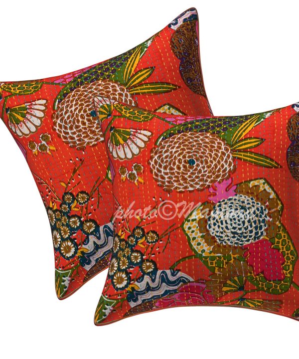 Set of 2 - Orange Floral and Fruit Kantha Cushion Cover -16 Inch