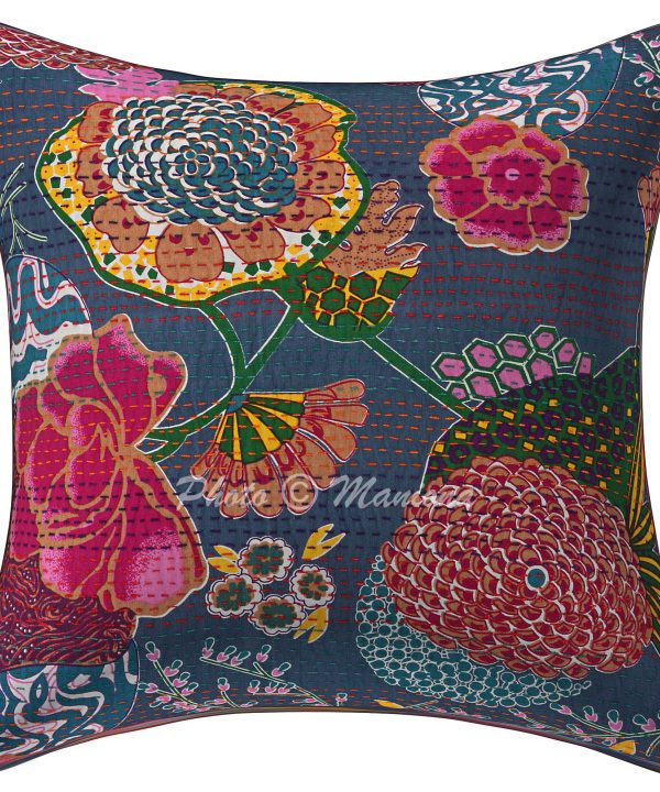 Grey Floral and Fruit Kantha Cushion Cover -16 Inch