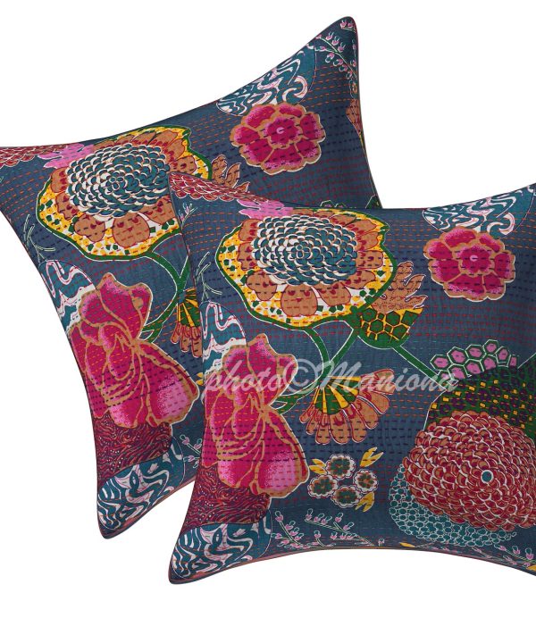 Set of 2 - Grey Floral and Fruit Kantha Cushion Cover -16 Inch