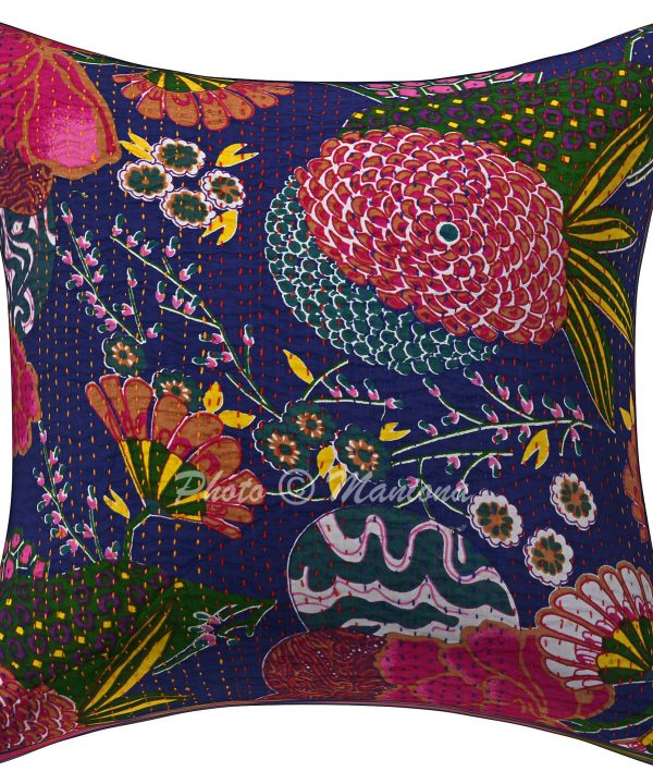 Dark Blue Floral and Fruit Kantha Cushion Cover -16 Inch