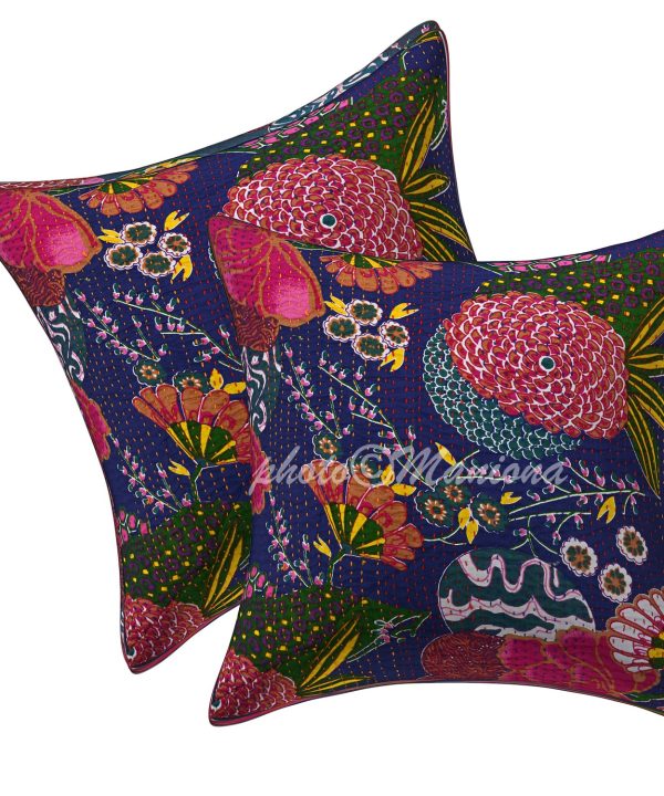 Set of 2 - Dark Blue Floral and Fruit Kantha Cushion Cover -16 Inch