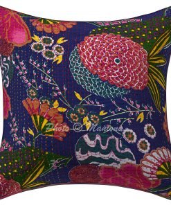 Alternative view of Set of 2 - Dark Blue Floral and Fruit Kantha Cushion Cover -16 Inch