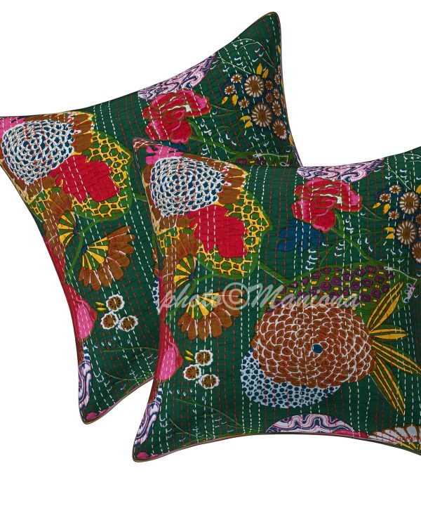 Set of 2 - Dark Green Floral and Fruit Kantha Cushion Cover -16 Inch