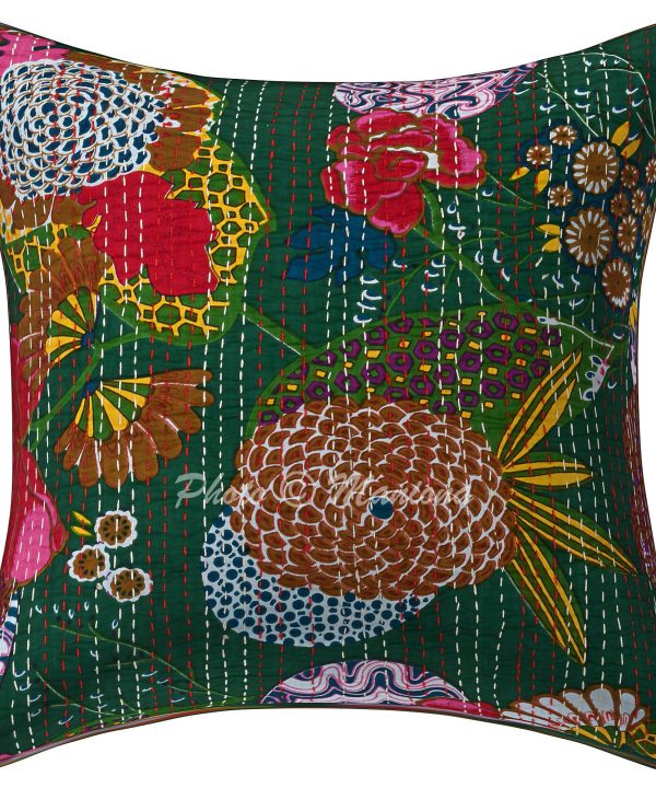 Alternative view of Set of 2 - Dark Green Floral and Fruit Kantha Cushion Cover -16 Inch