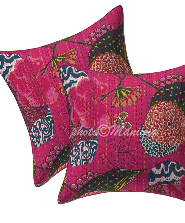 Set of 2 - Dark Pink Floral and Fruit Kantha Cushion Cover -16 Inch