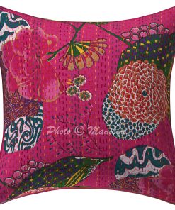 Alternative view of Set of 2 - Dark Pink Floral and Fruit Kantha Cushion Cover -16 Inch