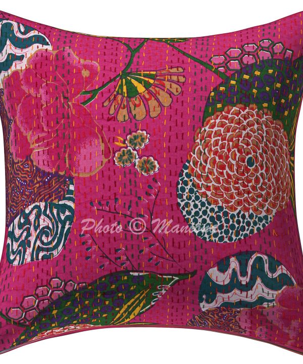 Alternative view of Set of 2 - Dark Pink Floral and Fruit Kantha Cushion Cover -16 Inch