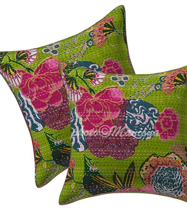 Set of 2 - Parrot Green Floral and Fruit Kantha Cushion Cover -16 Inch