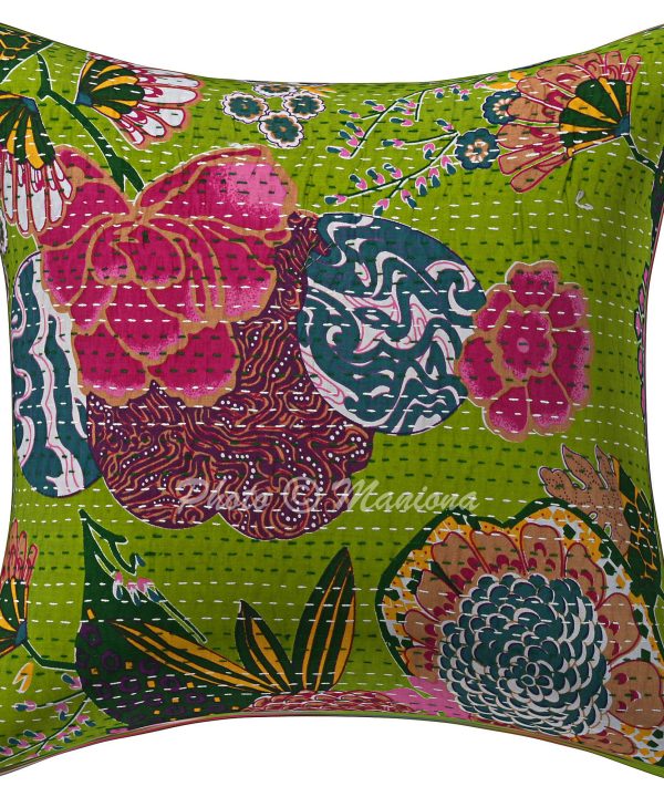 Alternative view of Set of 2 - Parrot Green Floral and Fruit Kantha Cushion Cover -16 Inch