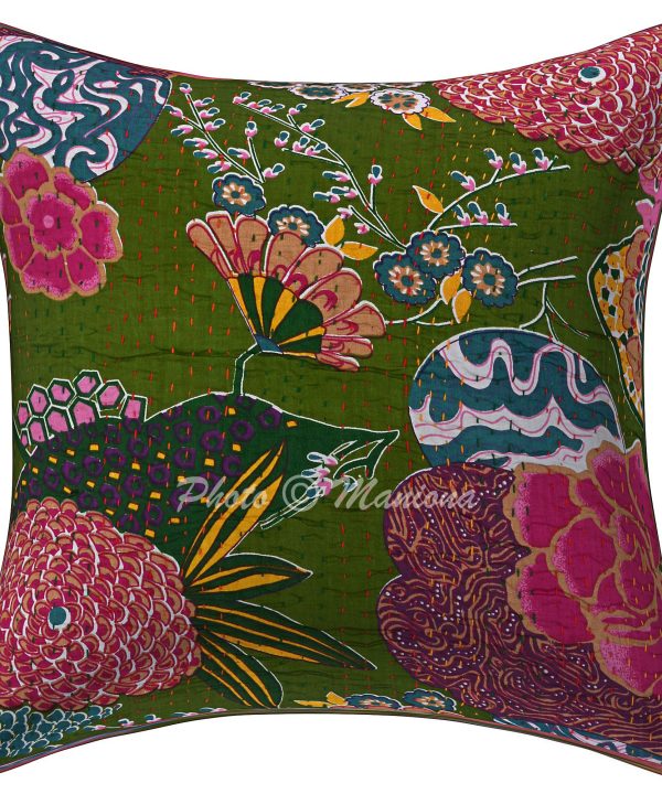 Bottle Green Floral and Fruit Kantha Cushion Cover - 16 Inch