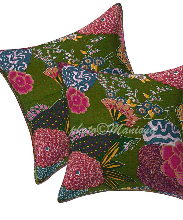 Set of 2 - Bottle Green Floral and Fruit Kantha Cushion Cover - 16 Inch