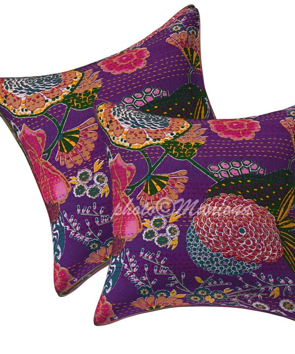 Set of 2 - Purple Floral and Fruit Kantha Cushion Cover - 16 Inch